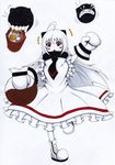  :o ahoge alternate_costume blush_stickers coffee_pot dress enemy_aircraft_(kantai_collection) enmaided frilled_dress frills highres holding horns kantai_collection long_hair looking_at_viewer maid marker_(medium) mittens mouth_hold northern_ocean_hime open_mouth red_eyes shinkaisei-kan shiracha solo spoon spoon_in_mouth teeth traditional_media v-shaped_eyebrows white_hair white_skin 
