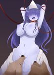  animal arano_oki armpits arms_up bangs bestiality blush breasts collar cunnilingus dog ghost hair_over_eyes large_breasts leash long_hair navel nipples okiku_(banchou_sarayashiki) open_mouth oral pale_skin purple_hair saliva solo sweat touhou triangular_headpiece 