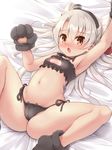  amatsukaze_(kantai_collection) bed_sheet black_panties blush brown_eyes cat_cutout cat_lingerie cleavage_cutout gloves headgear kantai_collection long_hair lying meme_attire musouzuki navel on_bed open_mouth panties paw_gloves paw_shoes paws shoes side-tie_panties silver_hair solo two_side_up underwear 