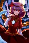  :d commentary_request dress full_moon highres long_sleeves looking_at_viewer maho_moco mirror moon open_mouth purple_hair red_dress red_eyes rope shimenawa short_hair smile solo touhou upper_body yasaka_kanako 