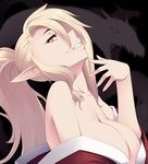  bare_shoulders blonde_hair breasts byunei demon_girl hayashi_custom large_breasts long_hair looking_at_viewer lord_of_vermilion off_shoulder pointy_ears ponytail red_eyes romancing_saga_3 saga solo upper_body 