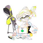  1girl bandages domino_mask first_aid_kit hero_charger_(splatoon) hotaru_(splatoon) indian_style inoue_seita looking_down mask mouth_hold official_art pointy_ears ponytail sitting solo splatoon_(series) splatoon_1 tentacle_hair white_hair 