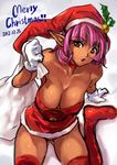  2012 :o arm_support ass_visible_through_thighs bell boots breasts choker cleavage collarbone dark_skin dated elf hat jingle_bell large_breasts merry_christmas orange_eyes panties pantyshot pink_hair pointy_ears red_footwear red_legwear sack santa_costume santa_hat short_hair sitting sketch solo thigh_boots thighhighs underwear whistlerx 