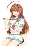  :d ^_^ ^o^ ahoge anchor_symbol artist_name bangs bare_legs blunt_bangs blush bowl brown_hair chair chopsticks closed_eyes collarbone commentary_request eyebrows eyebrows_visible_through_hair fang food food_on_face gyuudon hair_intakes highres holding holding_bowl kantai_collection kuma_(kantai_collection) long_hair masayo_(gin_no_ame) navel neckerchief open_mouth rice rice_on_face sailor_collar school_uniform serafuku shirt short_sleeves shorts sitting smile solo steam stomach stool white_shirt white_shorts 