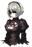  armor bad_id bad_pixiv_id black_blindfold black_dress black_hairband blindfold blue_eyes breasts cleavage cleavage_cutout cropped_torso dress hair_between_eyes hairband juliet_sleeves kusanagi_kikoku large_breasts long_sleeves looking_away mole mole_under_mouth nier_(series) nier_automata parted_lips puffy_sleeves silver_hair simple_background solo turtleneck upper_body white_background yorha_no._2_type_b 