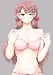  akashi_(kantai_collection) bare_shoulders blush bra breasts embarrassed green_eyes kantai_collection long_hair looking_at_viewer medium_breasts navel panties pink_bra pink_hair pink_panties side_ponytail solo strap_slip underwear underwear_only upper_body vent_arbre 