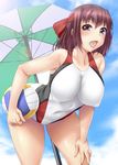  ayato ball bare_shoulders beach_umbrella blue_sky blush breasts brown_eyes brown_hair cloud cloudy_sky competition_swimsuit covered_navel covered_nipples day girls_und_panzer hand_on_leg headband highres holding holding_ball kondou_taeko large_breasts leaning_forward looking_at_viewer one-piece_swimsuit open_mouth short_hair sky solo swimsuit umbrella volleyball 