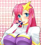  :p blue_eyes blush breasts chocolate chocolate_heart commentary_request gloves gundam gundam_seed gundam_seed_destiny hair_ornament heart large_breasts long_hair looking_at_viewer meer_campbell pink_hair smile solo star star_hair_ornament tongue tongue_out tooru_jin 