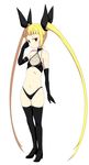  black_bra black_panties blazblue blonde_hair boots bra elbow_gloves full_body gloves highres kaname_nagi long_hair panties rachel_alucard ribbon smile solo thigh_boots thighhighs twintails underwear underwear_only very_long_hair white_background 