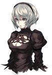  bad_id bad_pixiv_id black_dress black_hairband blue_eyes breasts cleavage cleavage_cutout cropped_torso dress hair_between_eyes hairband juliet_sleeves kusanagi_kikoku large_breasts long_sleeves looking_away mole mole_under_mouth nier_(series) nier_automata no_blindfold parted_lips puffy_sleeves silver_hair simple_background solo turtleneck upper_body white_background yorha_no._2_type_b 