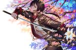  armor brown_hair earrings flower japanese_armor jewelry kashuu_kiyomitsu katana kote long_hair male_focus navel open_clothes open_shirt penguin_frontier ponytail red_eyes red_scarf scarf shirt solo sword touken_ranbu tree_branch weapon 