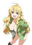  :d ahoge areola_slip areolae black_legwear blazer blonde_hair blue_panties blush breasts cleavage emblem eyebrows_visible_through_hair feet_out_of_frame green_eyes hands_in_pockets hoshii_miki idolmaster idolmaster_(classic) inue_shinsuke jacket kneehighs large_breasts leaning_forward long_hair long_sleeves looking_at_viewer no_bra open_clothes open_mouth panties round_teeth shiny shiny_hair shiny_skin simple_background smile solo standing teeth underwear very_long_hair white_background 