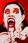 1girl bare_shoulders black_hair blood earrings fangs looking_at_viewer monster_girl open_mouth stain vampire wet 