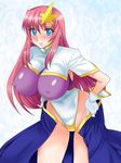  bent_over blue_eyes blush breasts commentary_request covered_nipples gloves gundam gundam_seed gundam_seed_destiny hair_ornament highleg large_breasts leotard long_hair looking_at_viewer meer_campbell pink_hair solo star star_hair_ornament tooru_jin 