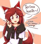  animal_ear_fluff animal_ears brooch commentary dress fang followers imaizumi_kagerou jewelry long_hair long_sleeves looking_at_viewer malay open_mouth red_eyes red_hair smile solo tail touhou translated trembling turn_pale v very_long_hair white_dress wolf_ears wolf_tail wool_(miwol) 