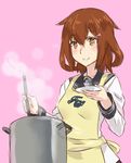  apron brown_hair cooking eelektross gen_5_pokemon hair_ornament hairclip heart ikazuchi_(kantai_collection) kantai_collection mizuumi_(bb) neckerchief pokemon pokemon_(creature) pokemon_(game) pokemon_bw school_uniform serafuku short_hair smile solo 