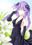  bare_shoulders black_dress black_gloves blue_eyes blush braid breasts cleavage dress elbow_gloves flower gloves hair_ornament long_hair looking_at_viewer medium_breasts muwa12 neptune_(series) purple_hair purple_heart smile solo symbol-shaped_pupils twin_braids 