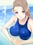  absurdres bare_shoulders breast_rest breasts collarbone competition_swimsuit dytm highres large_breasts light_brown_eyes light_brown_hair light_smile lips looking_at_viewer one-piece_swimsuit original partially_submerged pool pool_monitor_part-timer_(dytm) poolside smile solo swimsuit water 