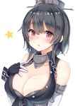  :o alternate_costume anchor bangs black_hair blush breasts buttons chain cleavage collarbone cosplay eyebrows eyebrows_visible_through_hair fingerless_gloves front-tie_top gloves headgear iowa_(kantai_collection) iowa_(kantai_collection)_(cosplay) kantai_collection large_breasts looking_at_viewer red_eyes short_hair simple_background solo star sweat takao_(kantai_collection) unbuttoned upper_body white_background yuzu-aki 