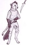  2016 4_toes anthro armband athletic cheetah claws clothed clothing digitigrade feline full-length_portrait knife legwear looking_away male mammal mauem monochrome pants pen_(artwork) pencil_(disambiguation) portrait shirt simple_background socks spots standing toe_claws toes traditional_media_(artwork) white_background 