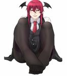  black_legwear head_wings highres koakuma legs long_hair looking_at_viewer mole mole_under_eye necktie nicutoka no_shoes pantyhose red_eyes red_hair seductive_smile simple_background sitting skirt smile solo thighband_pantyhose toes touhou white_background wings 