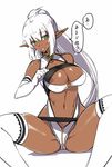  ass blush breasts character_request cleavage copyright_request dark_elf dark_skin elbow_gloves elf gloves green_eyes hijiri large_breasts long_hair o-ring o-ring_top parted_lips pointy_ears ponytail sitting solo sweatdrop thighhighs white_gloves white_hair white_legwear 