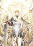  absurdres armor blonde_hair cape clare_(claymore) claymore claymore_(sword) covered_navel highres multiple_girls short_hair silver_eyes solo_focus stitches sword teresa_(claymore) weapon yoneyu 