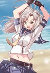  beach breasts day gloves green_eyes grey_hair hair_ribbon highres kantai_collection kinugasa_(kantai_collection) long_hair medium_breasts navel open_mouth ribbon school_uniform serafuku solo stretch wo_jianqiang_fu_guo yellow_neckwear 