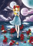  bare_shoulders barefoot blonde_hair closed_eyes cloud cloudy_sky collarbone dress flower flower_wreath head_wreath highres kensin legs long_legs moon multiple_moons night night_sky original paper_boat rose short_hair sky smile solo star water 