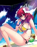  beach bikini bird blush breasts cherry cloud cocktail day flower food fruit hair_flower hair_ornament hibiscus ice_cream ice_cream_float large_breasts looking_at_viewer love_live! love_live!_school_idol_project melon_soda nishikino_maki ocean outdoors palm_tree red_hair sagaraise sitting sky solo starfish sunlight swimsuit tree yellow_bikini 