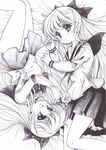  aino_minako bishoujo_senshi_sailor_moon dual_persona elbow_gloves gloves hair_ribbon half_updo long_hair lying monochrome multiple_girls ribbon sailor_senshi sailor_senshi_uniform sailor_venus school_uniform serafuku shiba_koen_middle_school_uniform symmetry tomoeri 