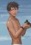  blurry bracelet brown_eyes brown_hair camera depth_of_field english jewelry male_focus navel necklace open_mouth original outdoors penguin_frontier shirtless solo upper_body water 