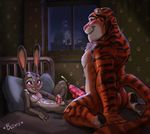  anthro balls barbed_penis bed crossgender cum disney duo feline goat-kid judy_hopps lagomorph male male/male mammal masturbation penis rabbit stripper_tiger_(zootopia) tiger zootopia 