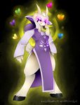  &lt;3 2016 anthro asriel_dreemurr black_background black_markings boss_monster caprine clothed clothing cream_fur english_text facial_markings fur glowing glowing_eyes goat hi_res hooves horn looking_at_viewer male mammal markings monster nexybutt purple_eyes simple_background solo text undertale video_games white_fur yellow_background 