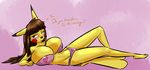  &lt;3 bedroom_eyes big_breasts blush bra breasts brown_hair clothing hair half-closed_eyes huge_breasts lingerie lying nintendo oogzie panties pepper_(oogzie) pikachu pok&eacute;mon pose seductive shy slim underwear video_games 