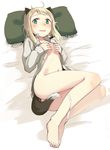  animal_ears aqua_eyes bad_id bad_pixiv_id barefoot blonde_hair blush covering covering_breasts covering_crotch elizabeth_f_beurling elma_leivonen looking_at_viewer lying messy_hair navel open_mouth panties panty_pull partially_undressed photo_(object) pillow solo sweatdrop tail u_(mikaduki0720) underwear white_panties world_witches_series 