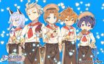  alvin_granford animal_ears apron blade_(galaxist) blue_eyes blush brown_eyes brown_hair cat_ears catboy chef chef_uniform cookie copyright_name dated demon_horns demon_tail eyebrows food forked_eyebrows hat heart highres horns ledo_vassar light_brown_hair low_wings male_focus mikhail_lancelot multiple_boys official_art pop-up_story purple_eyes selim_spark silver_hair smile tail waist_apron watermark white_day wings yellow_eyes ziz_glover 