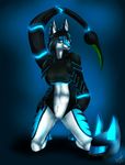  2016 5_fingers anthro arachnid armor arthropod black_fur black_hair black_nose blue_eyes blue_fur blue_highlights canine chimera clothing digital_media_(artwork) female fennec fox front_view fur gloves hair helmet hi_res highlights hybrid jacket kneeling lights long_tail looking_at_viewer mammal mary_starlight multicolored_fur navel pussy ranthead scorpion signature simple_background smile solo stinger white_fur wolf 