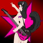  animal_humanoid body_art breasts canine collar convenient_censorship english_text female fluffy foxfoxplz guitar humanoid mammal musical_instrument nude raised_tail standing star text 