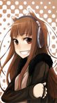  animal_ears ayakura_juu brown_hair fangs grin highres holo jacket long_hair looking_at_viewer red_eyes smile solo spice_and_wolf wolf_ears 
