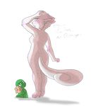  anthro bittersweet_candy_bowl blue_eyes cat dinosaur feline female fur hand_on_head looking_back lucy_(bcb) mammal mario_bros nintendo nude scalie text video_games white_fur yashy_(bcb) yoshi 