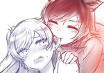  animal_ears biting blush dog_ears ear_biting eargasm earrings facial_scar jewelry multiple_girls multiple_monochrome ndgd ruby_rose rwby scar side_ponytail tears weiss_schnee yuri 