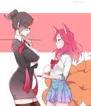  academy_ahri ahri alternate_costume alternate_hair_color alternate_hairstyle animal_ears bad_id bad_pixiv_id bespectacled black_hair blouse breasts cleavage fiora_laurent fox_ears fox_tail from_side glasses hair_up headmistress_fiora height_difference highres large_breasts league_of_legends looking_at_another miniskirt multicolored_hair multiple_girls multiple_tails panza parted_lips pencil_skirt plaid plaid_skirt red_hair school_uniform skirt tail thighhighs two-tone_hair whisker_markings white_blouse zettai_ryouiki 