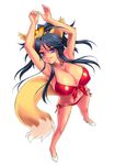  animal_ears armpits arms_up bikini black_hair breasts cleavage covered_nipples flower fox_ears fox_tail grin hair_flower hair_ornament high_heels highres huge_breasts long_hair looking_at_viewer ngo original ponytail purple_eyes red_bikini simple_background smile solo swimsuit tail white_background 