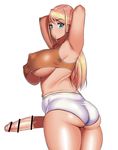  1girl :o armpits arms_behind_head arms_up ass bar_censor blonde_hair blue_eyes breasts burakku-ra censored earrings erect_nipples erection futanari highres hoop_earrings huge_breasts jewelry large_breasts large_penis long_hair looking_at_viewer looking_back mole mole_under_mouth original penis plump short_shorts shorts solo sports_bra thick_thighs underboob white_background 