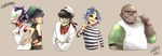  3boys bald bibi_(uzu-uzu-uzu) black_hair blue_hair cyborg_noodle_(gorillaz) elbow_pads empty_eyes fingernails gloves gorillaz hair_over_eyes hat heterochromia highres long_fingernails mask missing_teeth multiple_boys multiple_girls murdoc_niccals noodle_(gorillaz) pipe pipe_in_mouth pocket purple_hair red_eyes red_scarf russel_hobbs sailor_hat scarf shirt smile striped striped_shirt stuart_pot teeth thumbs_up 