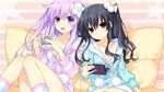  :d absurdres black_hair blush collarbone cup cushion flower hair_between_eyes hair_flower hair_ornament handheld_game_console head_tilt highres holding knees_together_feet_apart long_hair looking_at_viewer mug multiple_girls nepgear neptune_(series) official_art open_mouth pajamas pillow polka_dot_hoodie polka_dot_pajamas pom_pom_(clothes) purple_eyes purple_hair red_eyes sitting smile star starry_background striped striped_background striped_hoodie striped_legwear striped_pajamas tsunako two_side_up uni_(choujigen_game_neptune) zipper 