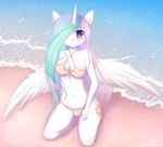  2016 anthro anthrofied beach big_breasts bikini breasts clothing cutie_mark equine feathered_wings feathers female friendship_is_magic hair hair_over_eye horn kneeling long_hair looking_at_viewer mammal multicolored_hair my_little_pony navel outside pastelmistress princess_celestia_(mlp) purple_eyes seaside smile solo swimsuit winged_unicorn wings 