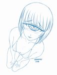  2016 bikini blush breasts collarbone cyclops dated eyebrows eyebrows_visible_through_hair foreshortening from_above full_body highres looking_at_viewer manako mario_constantino_aviles monochrome monster_musume_no_iru_nichijou one-eyed seiza signature sitting sketch small_breasts solo swimsuit 