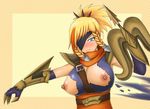  alternate_costume arm_guards arrow assisted_exposure between_breasts blonde_hair blue_eyes blush bow_(weapon) braid breasts breasts_outside corsair_quinn crossbow eyepatch highres large_breasts league_of_legends nipples quinn shirt siniao solo tearing_clothes torn_clothes torn_shirt turtleneck twin_braids upper_body valor_(league_of_legends) weapon 